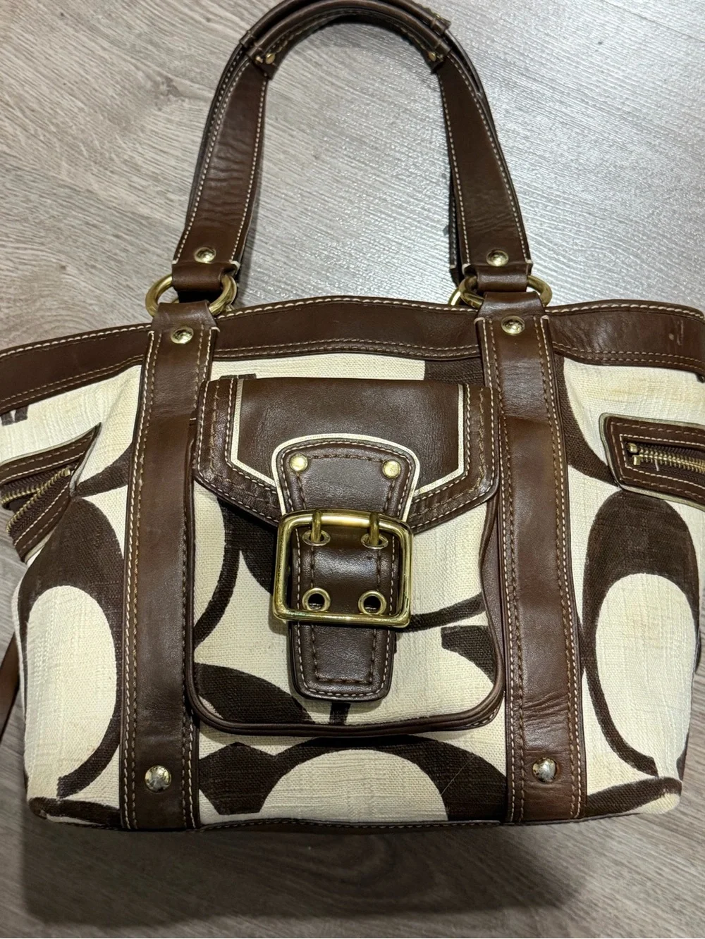 Coach Brown and Cream Signature Canvas Shoulder Bag with Buckle